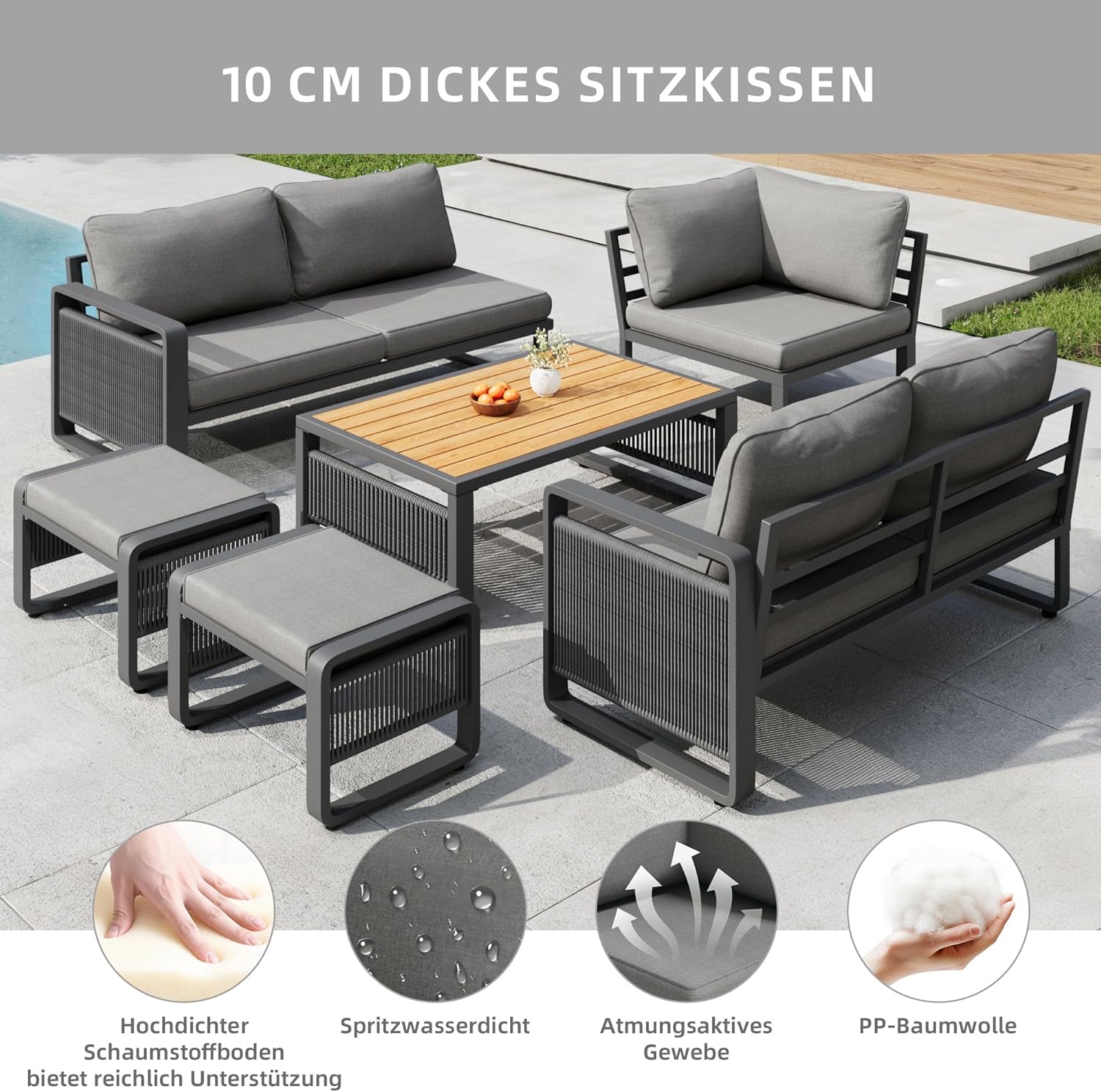 Merax Gartenmöbel Lounge Set Grau für 6–7 Personen, Gartensofa mit Liegefunktion, Ecklounge mit Sitzkissen für Terrasse & Balkon