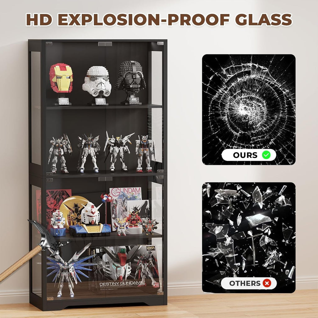 BROTTAR Beleuchtete Glasvitrine mit LED Sensor, moderner Vitrinenschrank & Standvitrine, 4 Etagen Sicherheitsglas Vitrine für Lego, Figuren und