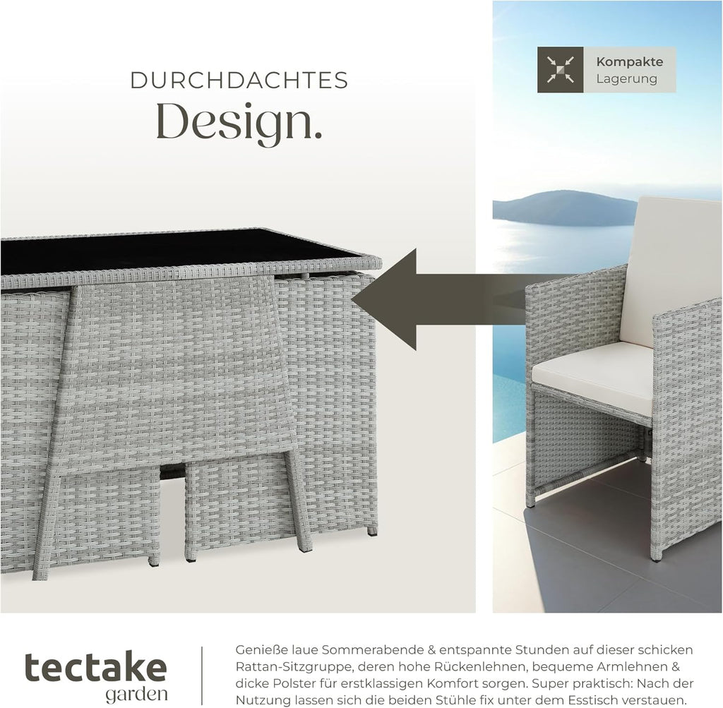tectake Poly Rattan Balkonmöbel Set für 2 Personen Hellgrau – 2 Sessel & Tisch, Platzsparende Gartenlounge mit Kissen