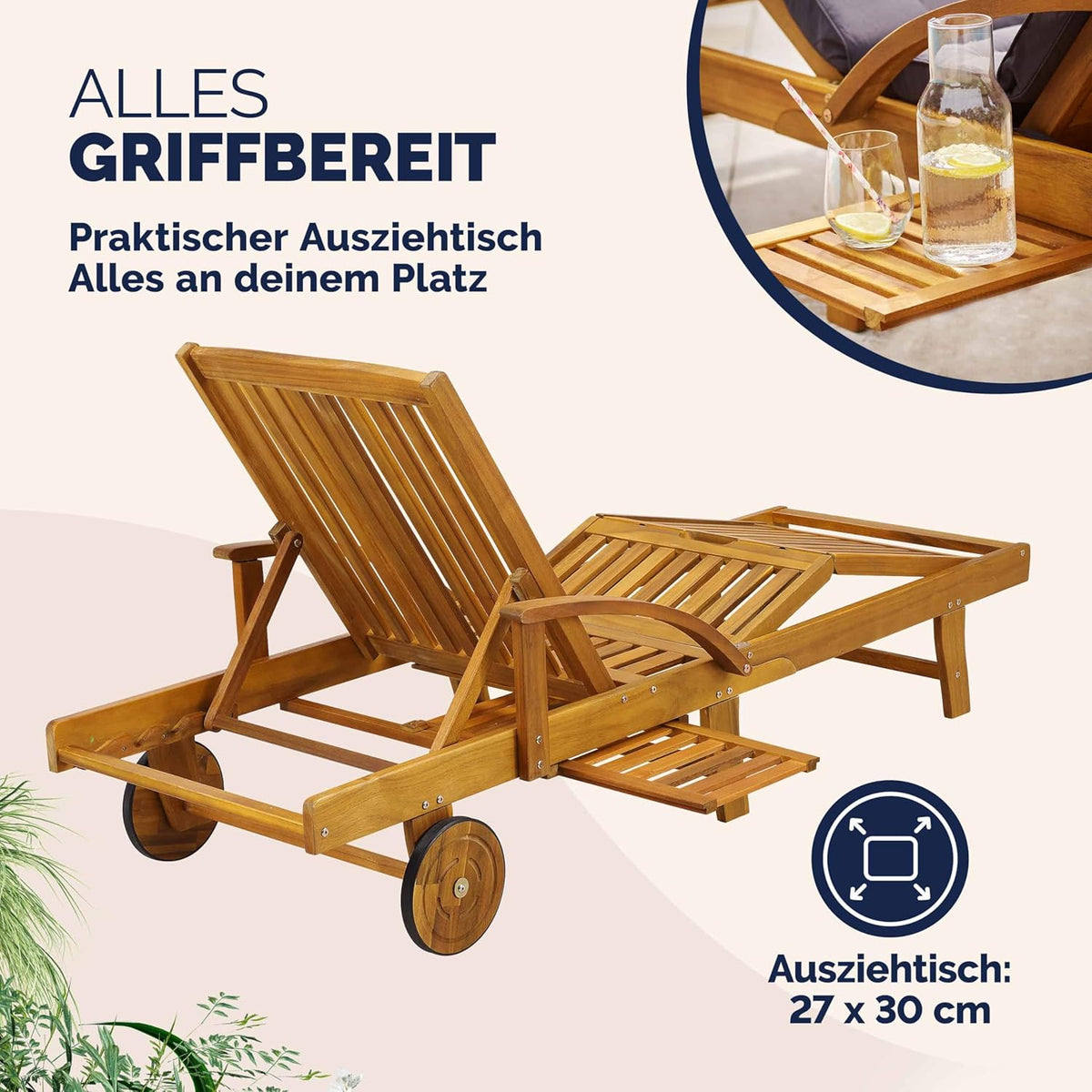 Casaria Sonnenliege 2er Set aus Akazienholz, Braun, klappbare Gartenliege mit Rädern & Ausziehtisch, 195 x 59 cm