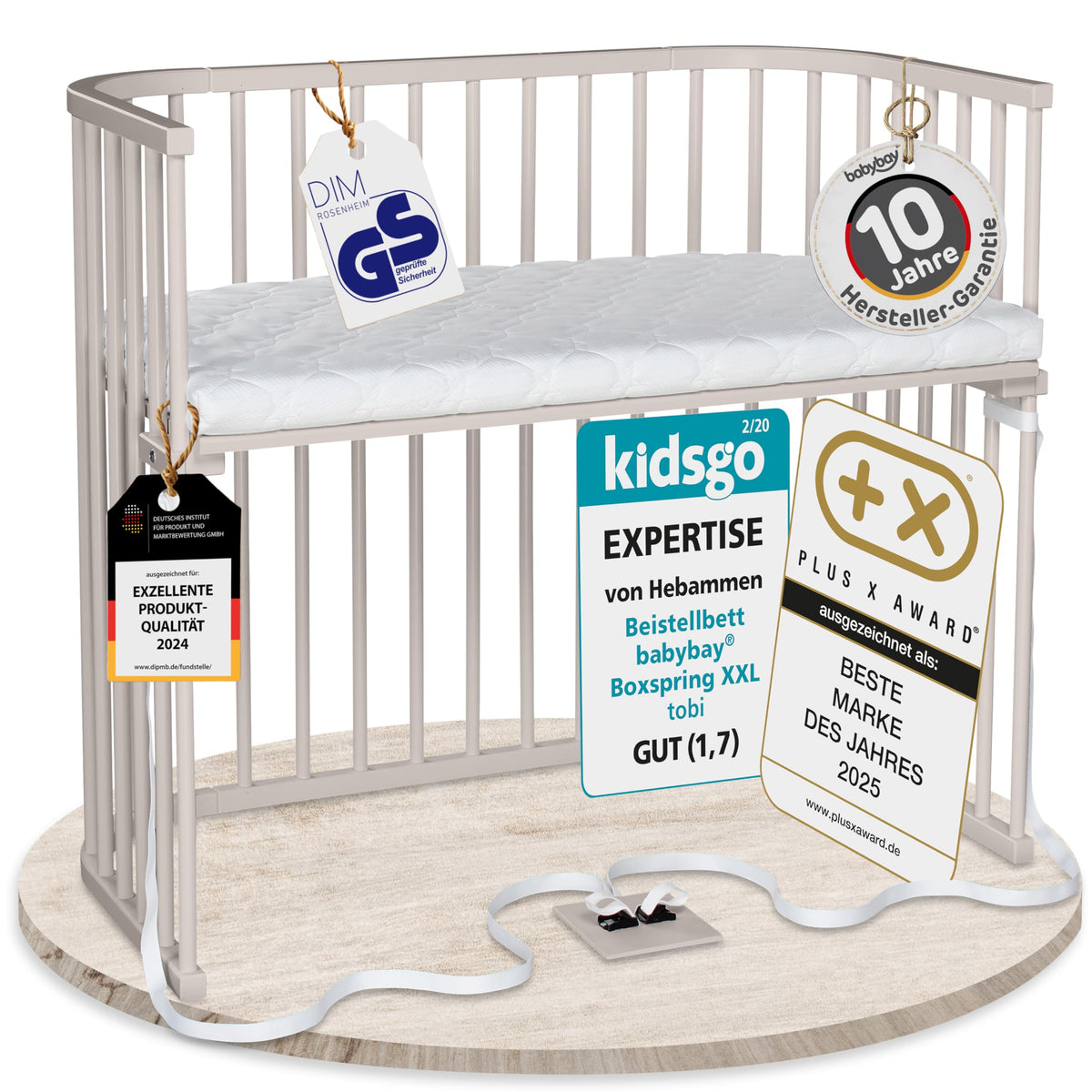 babybay Original Beistellbett aus massivem Buchenholz mit Matratze, höhenverstellbares Babybett für Neugeborene