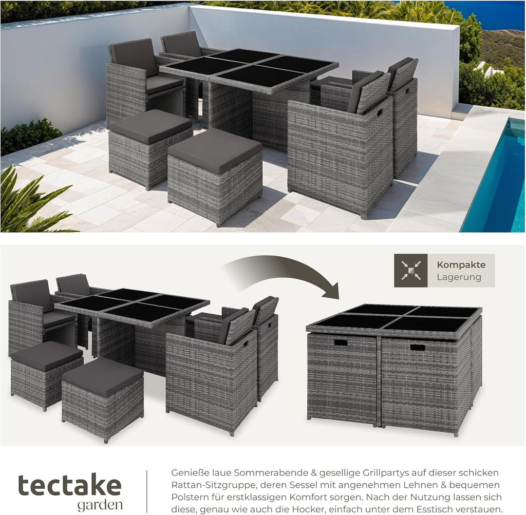 tectake Rattan Lounge Set mit Aluminiumgestell, 4 Stühle, 4 Hocker & Glastisch Wetterfeste Gartenmöbel