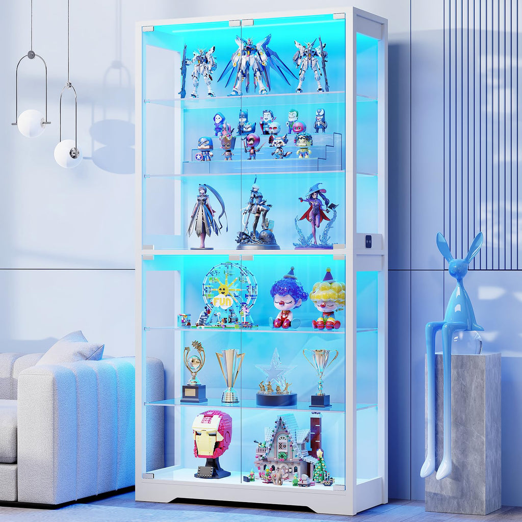 BROTTAR Vitrine mit Glastür, 6-stufige 180cm Vitrine mit 3 Farblichten für Sammlerstücke, Vitrine mit verstellbaren Glasträgern, Körperkensorsensor