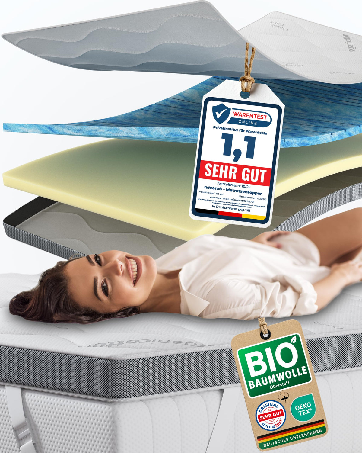 Deluxe Gel Topper 180x200cm | Oberstoff aus 100% Bio-Baumwolle | wolkenweicher 7-Zonen Matratzentopper 180x200cm | Hohes RG 50 | 8cm Matratzen Topper