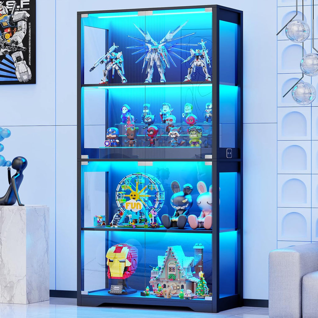 BROTTAR Beleuchtete Glasvitrine mit LED Sensor, moderner Vitrinenschrank & Standvitrine, 4 Etagen Sicherheitsglas Vitrine für Lego, Figuren und
