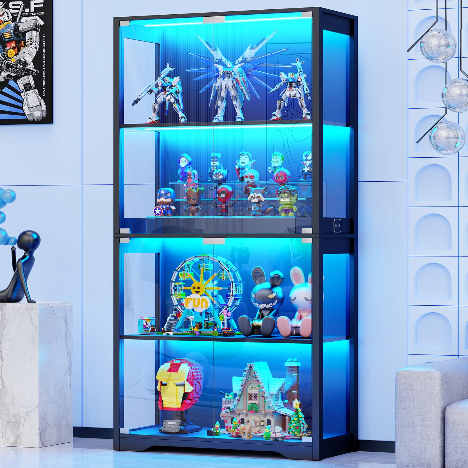 BROTTAR Glasvitrine mit Dreifarbig LED Beleuchtung und Glastüren, Glasvitrine Stehend mit Körpersensor-System, Sammlervitrine für Wohnzimmer, Büro