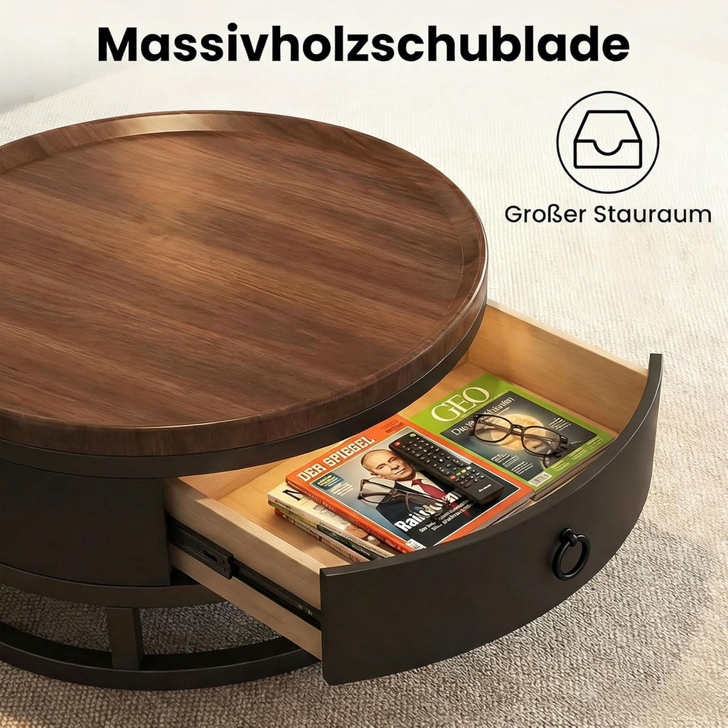 Couchtisch 2er Set rund mit Schublade, Satztische in Walnussoptik, Wohnzimmertisch mit Metallrahmen und Stauraum