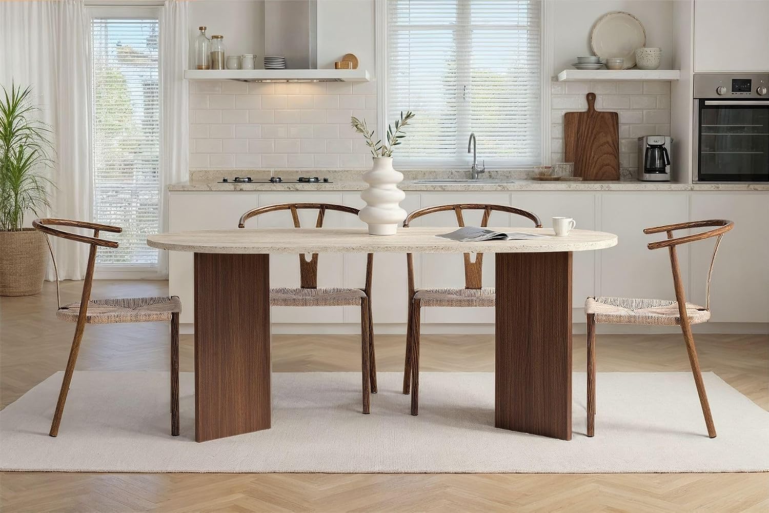 Moderner Esstisch, 180 x 90 x 75 cm, Travertine & Walnuss-Farben | 100% melaminbeschichtete Spanplatte, 25 mm Stärke | stilvolles & langlebiges