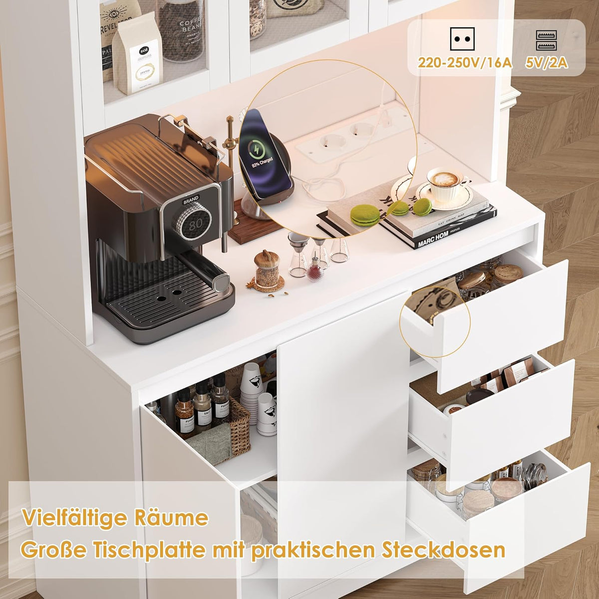 FirFurd Küchenschrank Weiß 180 cm mit LED & Steckdose – Buffetschrank mit Arbeitsplatte, Glastüren & 3 Schubladen
