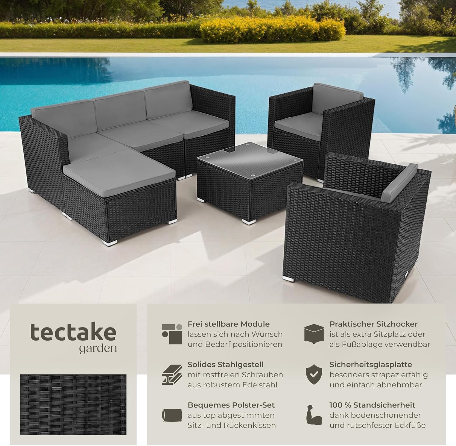 tectake Gartenmöbel Set Poly Rattan mit Sofa, Sesseln, Hocker & Tisch, modulare Gartenlounge wetterfest für Garten, Terrasse & Balkon