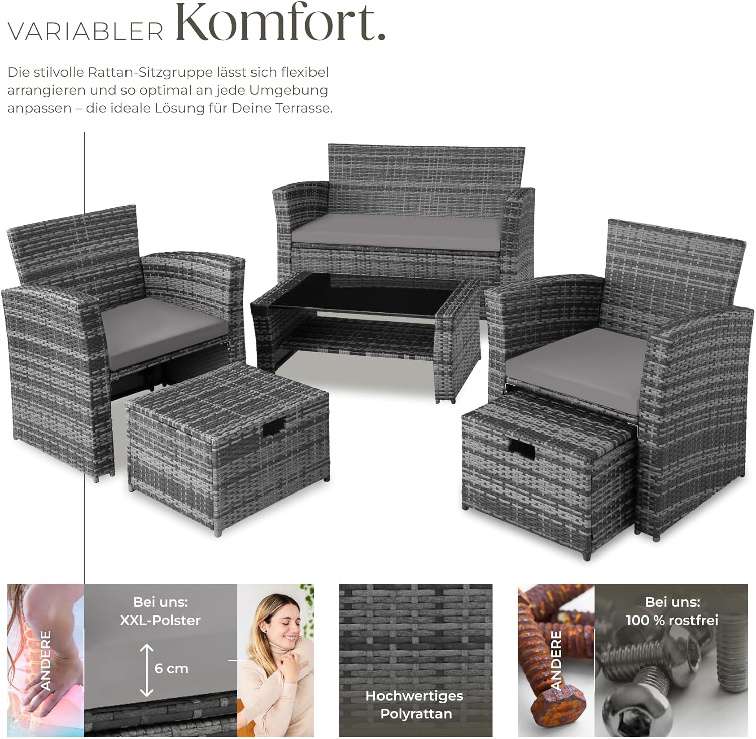 tectake Polyrattan Gartenmöbel Set 4 Personen mit Hocker & Auflagenbox – Garten Lounge Set mit Sofa, Tisch & Kissen für Balkon und Terrasse
