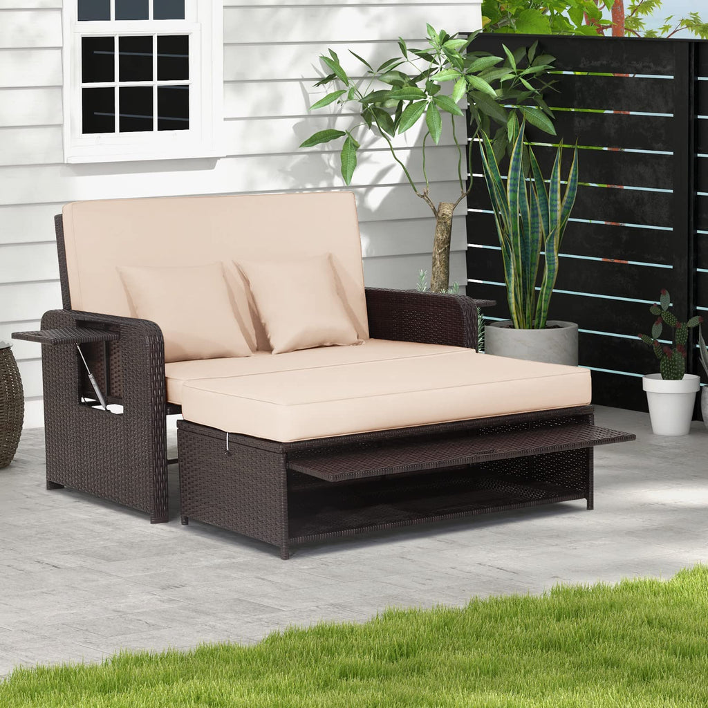 GIANTEX Rattan Lounge Gartenmöbel Set 2-Sitzer mit Doppelliege & Hocker, Outdoor Sofa mit Stauraum, verstellbar für Balkon & Terrasse