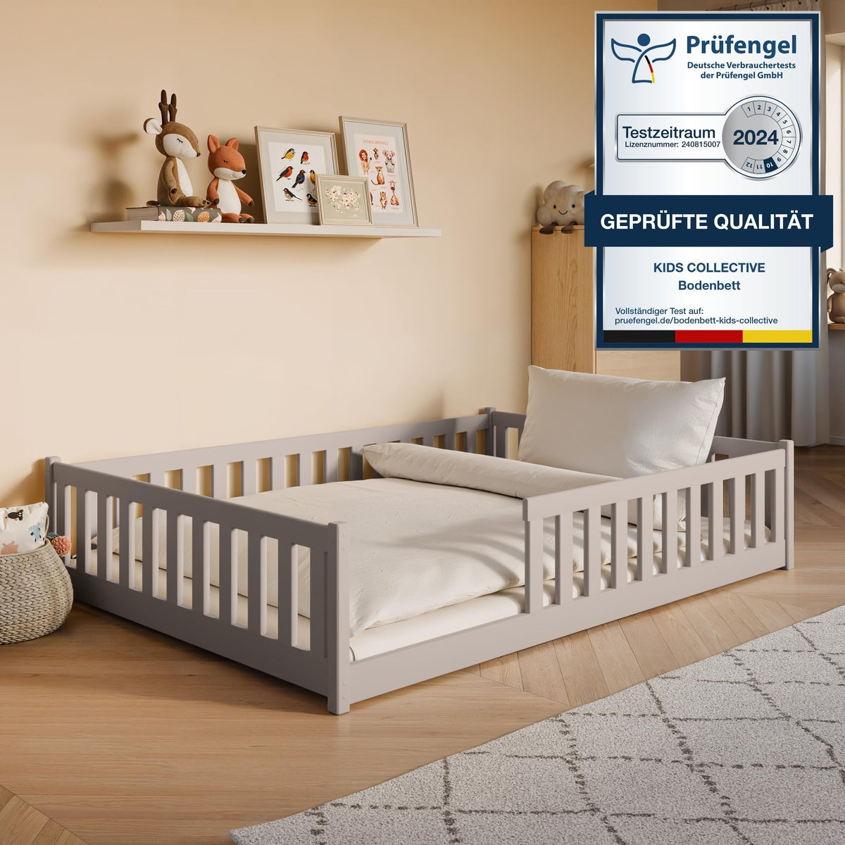 Kids Collective Kinderbett Bodenbett 120x200 cm Bett mit Rausfallschutz & Lattenrost Montessori Bett Bed Gitterbett Kinder Jugendbett Einzelbett |