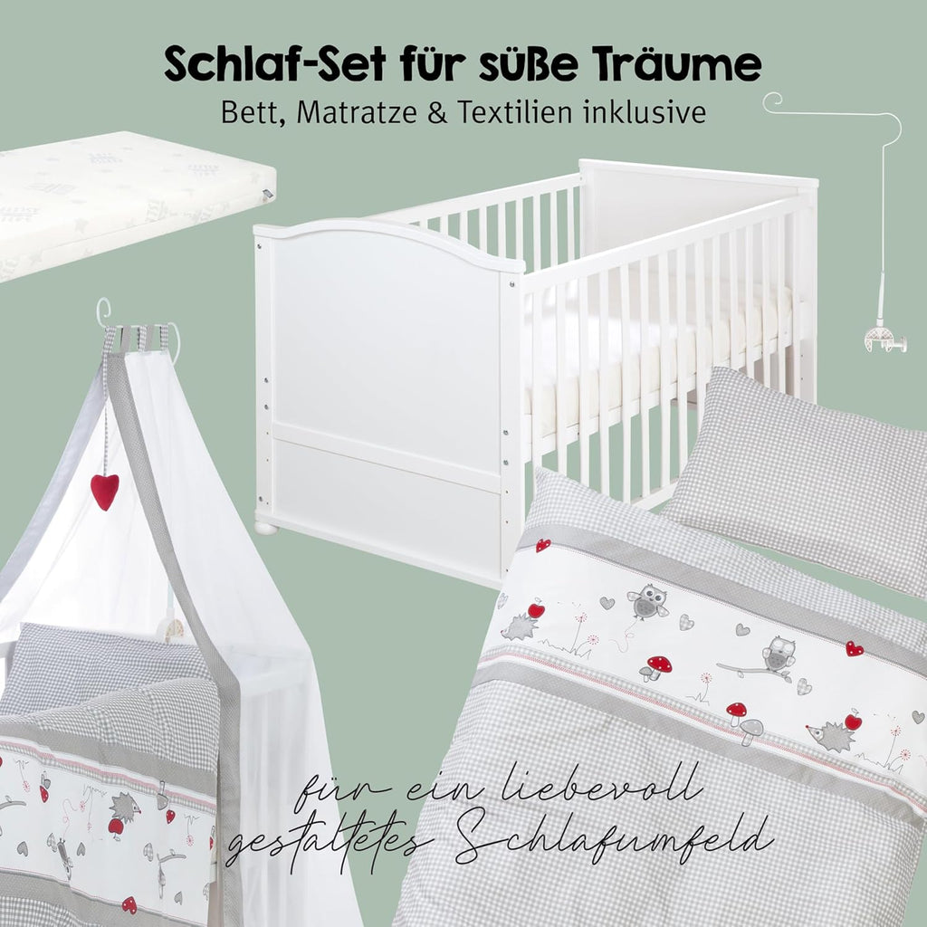 roba Babybett Set 70x140 cm mit Matratze, Bettwäsche & Himmel – Umbaubares Kinderbett zum Juniorbett, höhenverstellbar