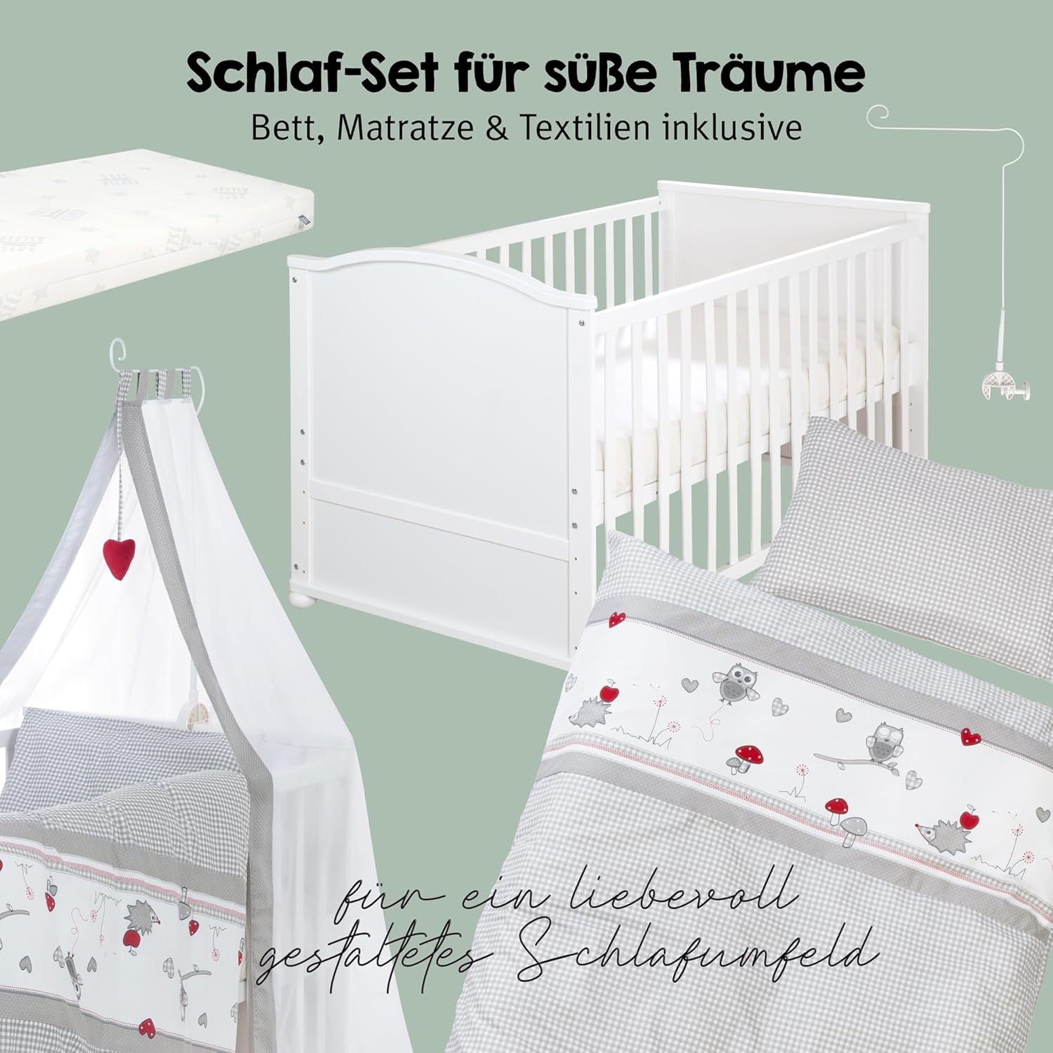 roba Babybett Set 70x140 cm mit Matratze, Bettwäsche & Himmel – Umbaubares Kinderbett zum Juniorbett, höhenverstellbar