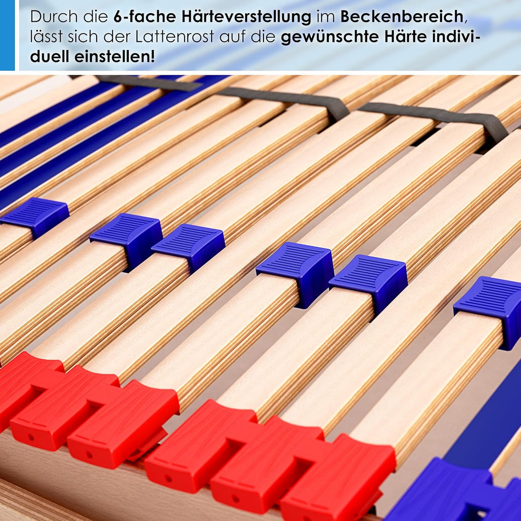 stabiler Lattenrost 100% BUCHE Lattenrahmen - Kopfteil verstellbar - SCHULTERFRÄSUNG, 7 Zonen, 42 Federleisten, Härte-Regulierung, Mittelgurt - SLEEP