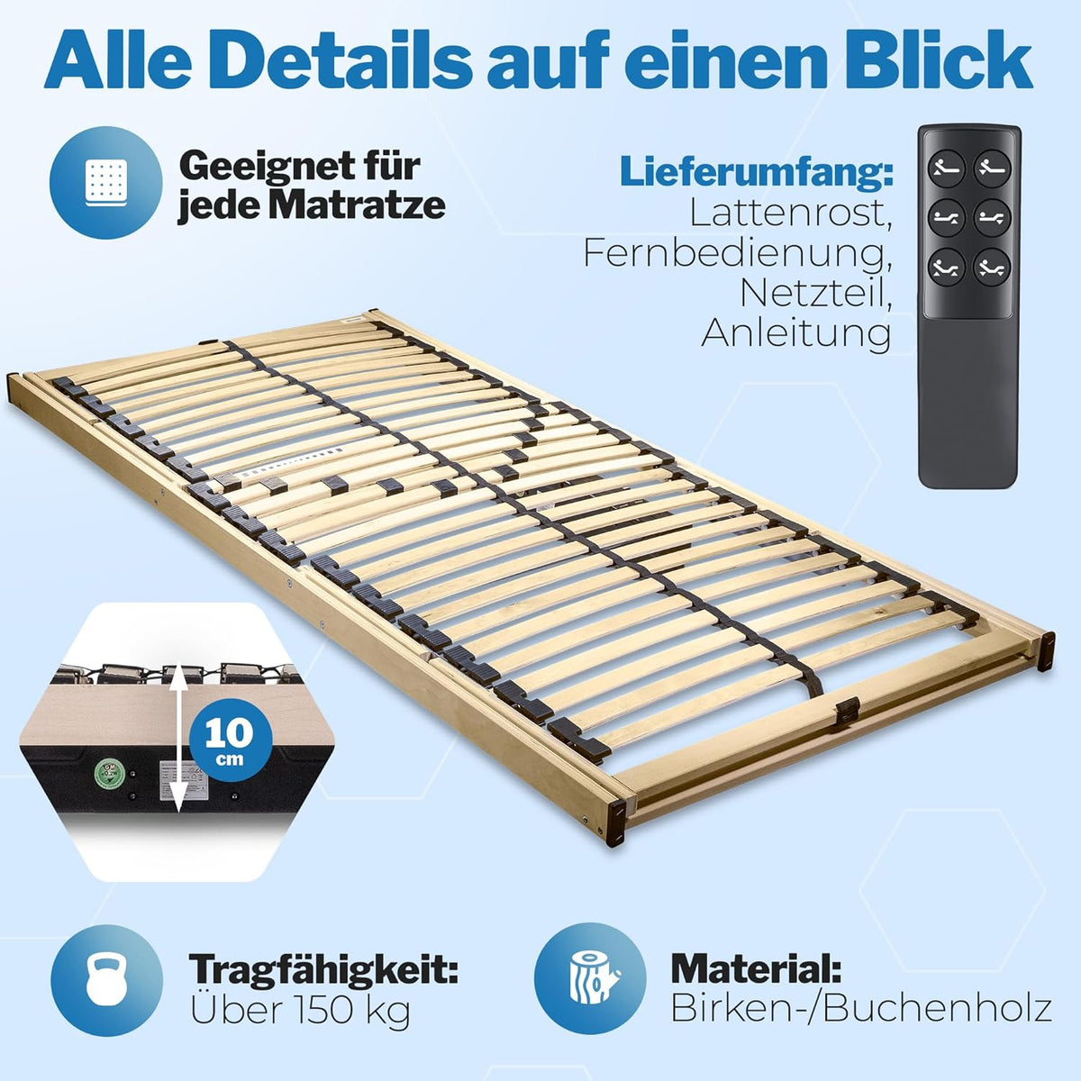 RehaSleep Elektrischer Lattenrost 28 Leisten, 7-Zonen Lattenrahmen aus Birkenholz, verstellbar mit Motor, Natur