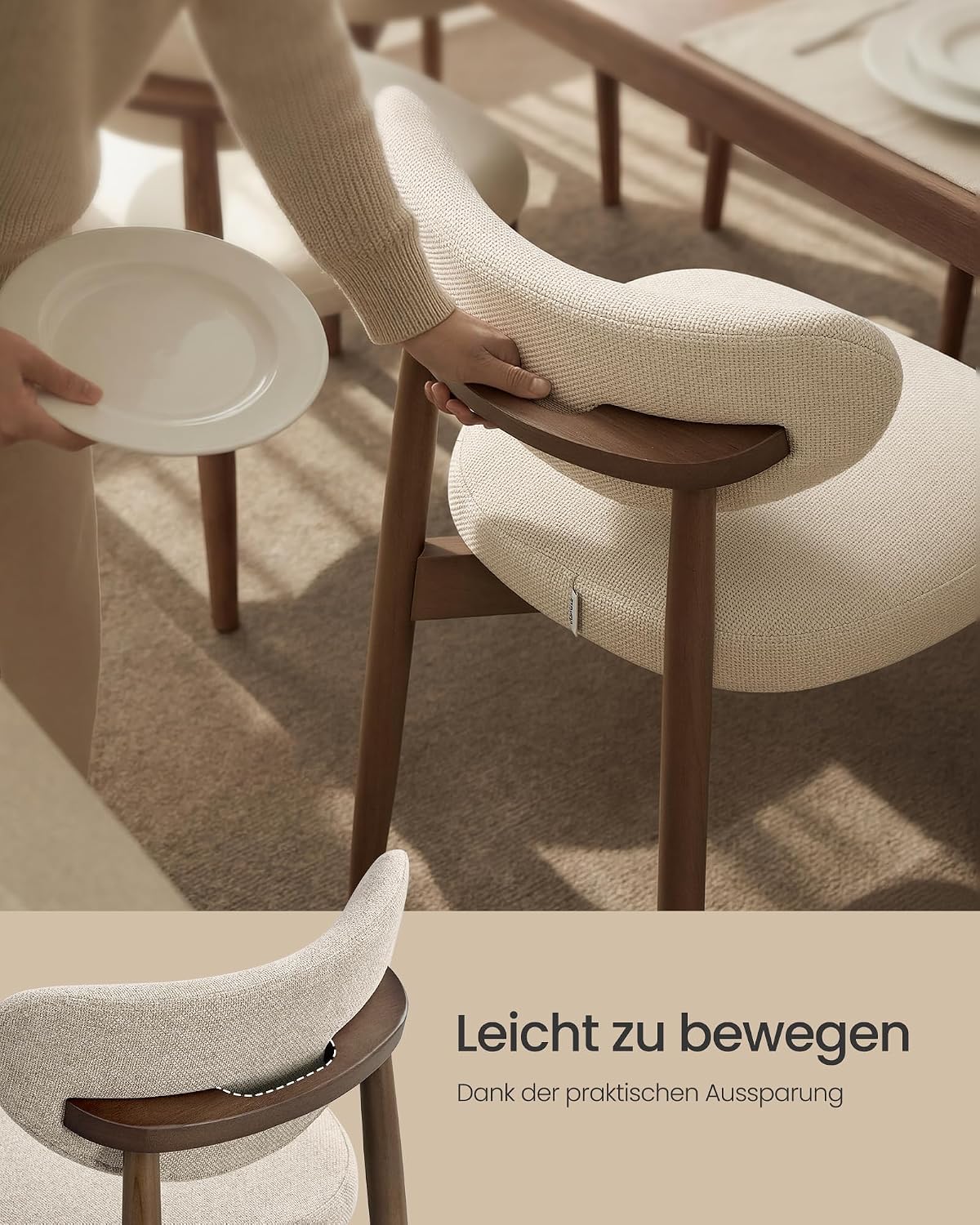VASAGLE Esszimmerstuhl 4er Set, Küchenstuhl, Polsterstuhl mit Massivholzbeinen, ergonomische Rückenlehne, Aussparung als Griff