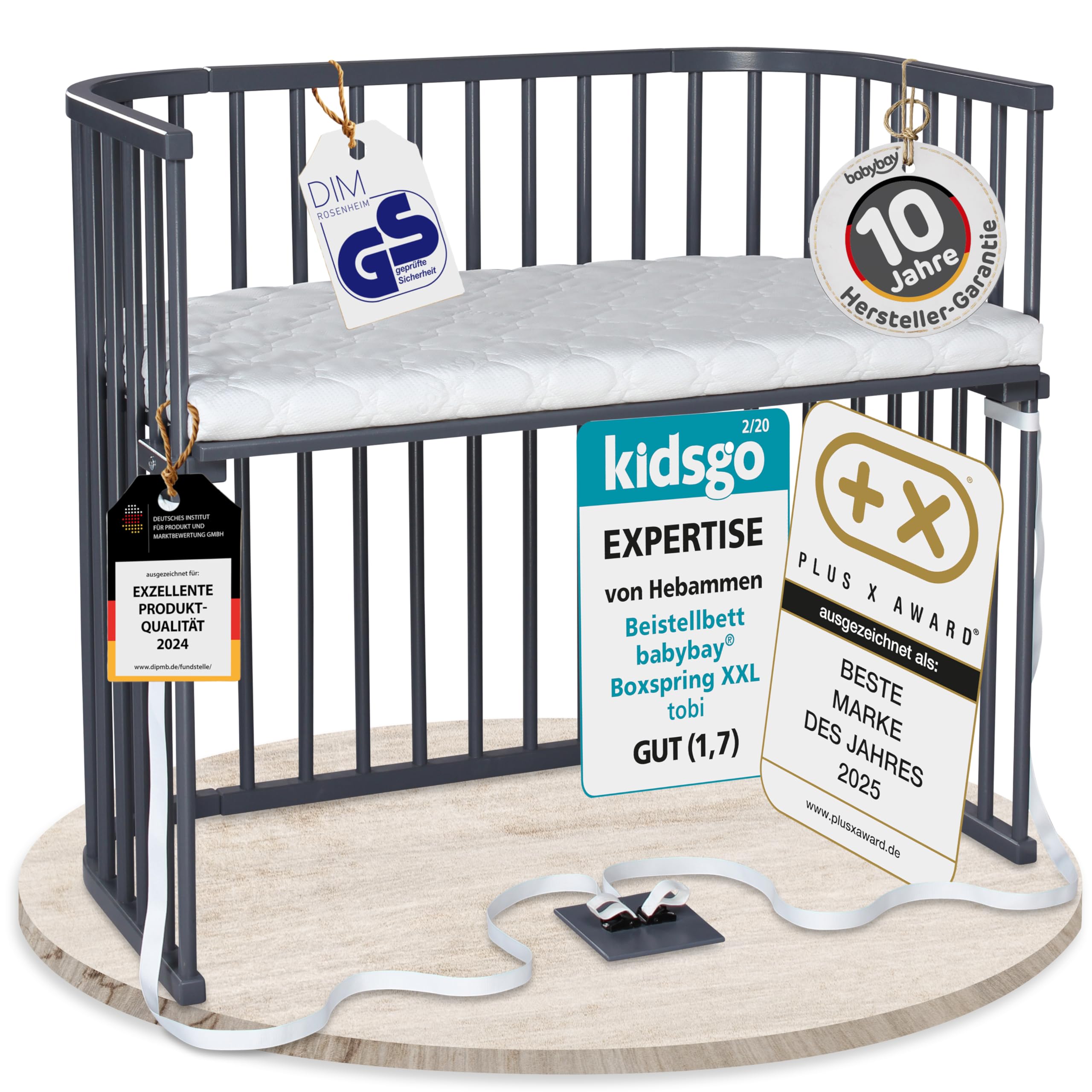 babybay Original Beistellbett aus massivem Buchenholz mit Matratze, höhenverstellbares Babybett für Neugeborene