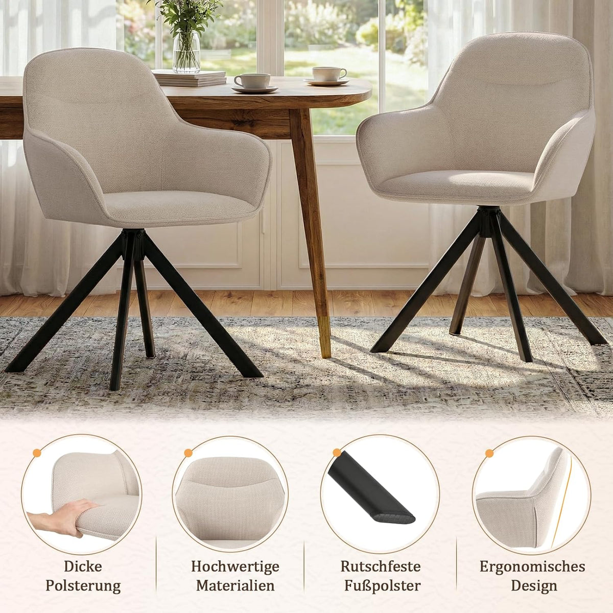 Esszimmerstühle Drehbar 4er Set mit Armlehne, 360° drehbar, Polsterstuhl Leinen, Drehstuhl Esszimmer Beige, Küchenstuhl mit Metallbeine für