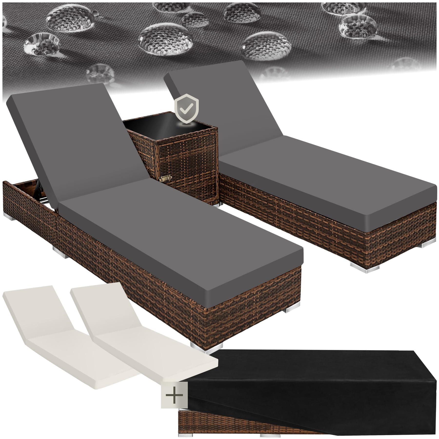 tectake 2er Gartenliegen Set mit Tisch – Polyrattan Sonnenliegen aus Aluminium, 5-fach verstellbar, mit Schutzhüllen