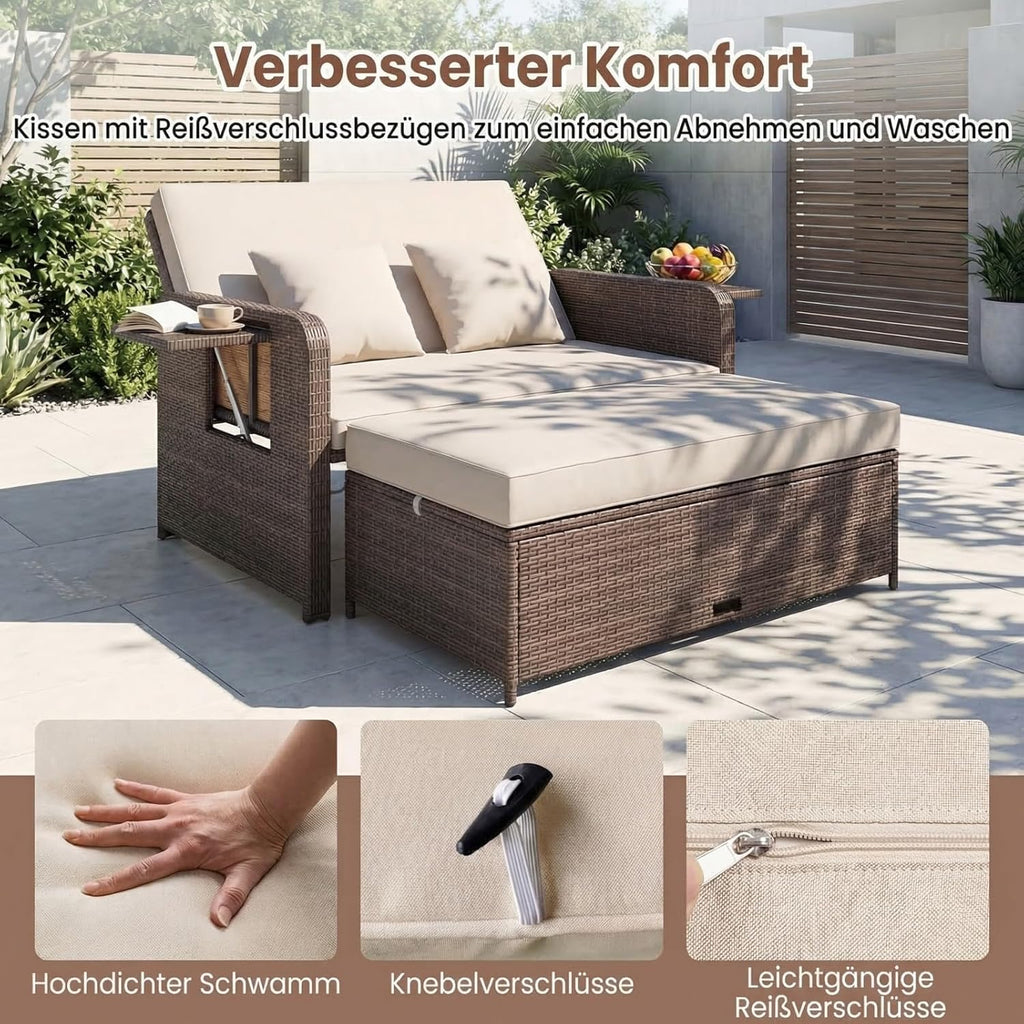 GIANTEX Rattan Lounge Gartenmöbel Set 2-Sitzer mit Doppelliege & Hocker, Outdoor Sofa mit Stauraum, verstellbar für Balkon & Terrasse