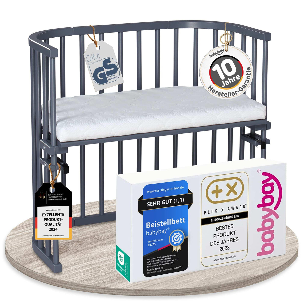 babybay Original Beistellbett aus massivem Buchenholz mit Matratze, höhenverstellbares Babybett für Neugeborene