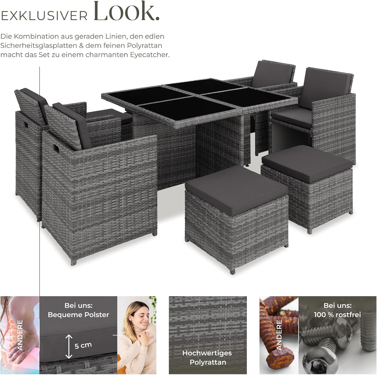tectake Rattan Lounge Set mit Aluminiumgestell, 4 Stühle, 4 Hocker & Glastisch Wetterfeste Gartenmöbel