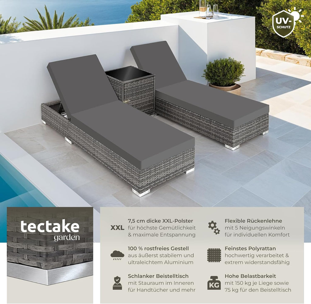 tectake 2er Gartenliegen Set mit Tisch – Polyrattan Sonnenliegen aus Aluminium, 5-fach verstellbar, mit Schutzhüllen