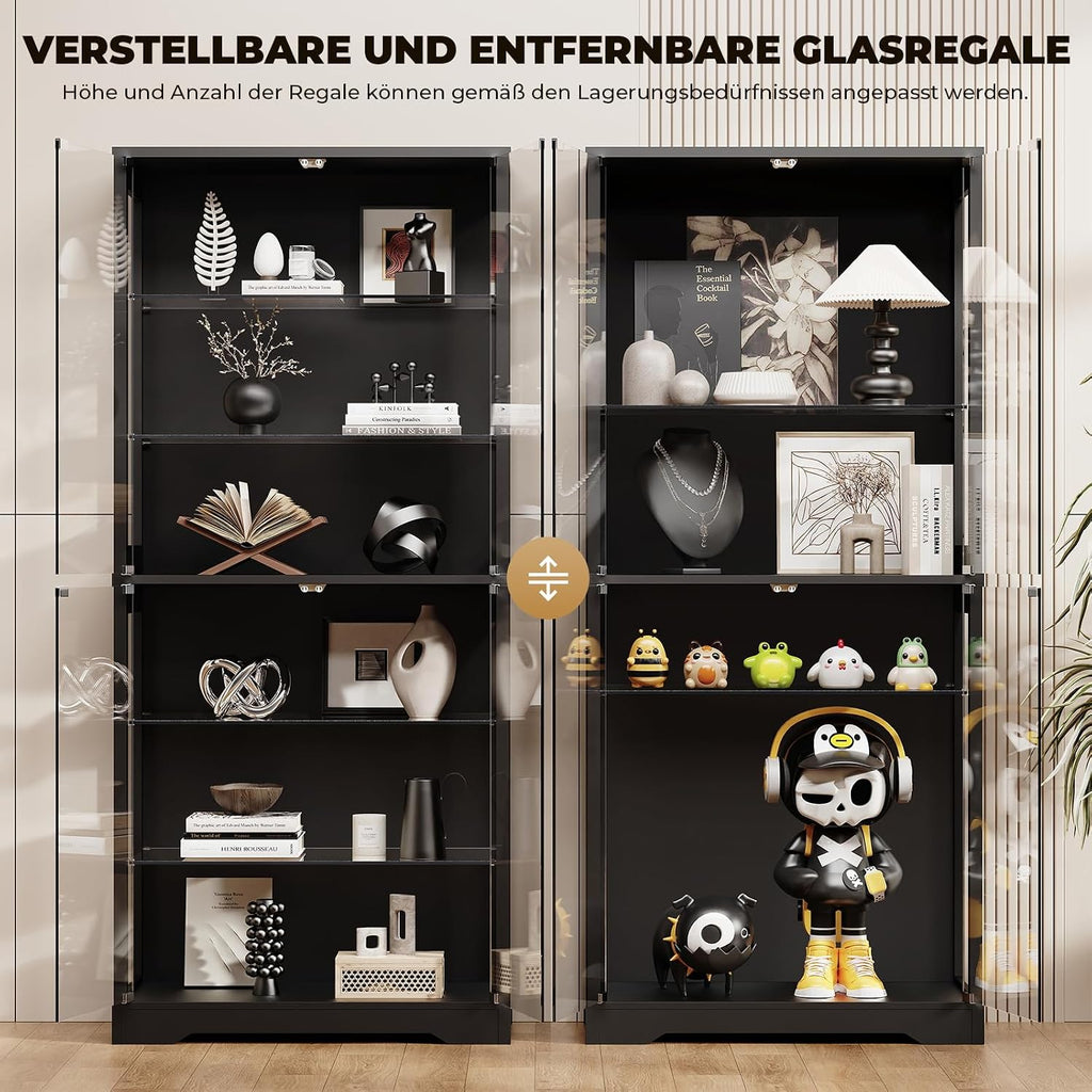 BROTTAR Vitrine mit Glastür, 6-stufige 180cm Vitrine mit 3 Farblichten für Sammlerstücke, Vitrine mit verstellbaren Glasträgern, Körperkensorsensor