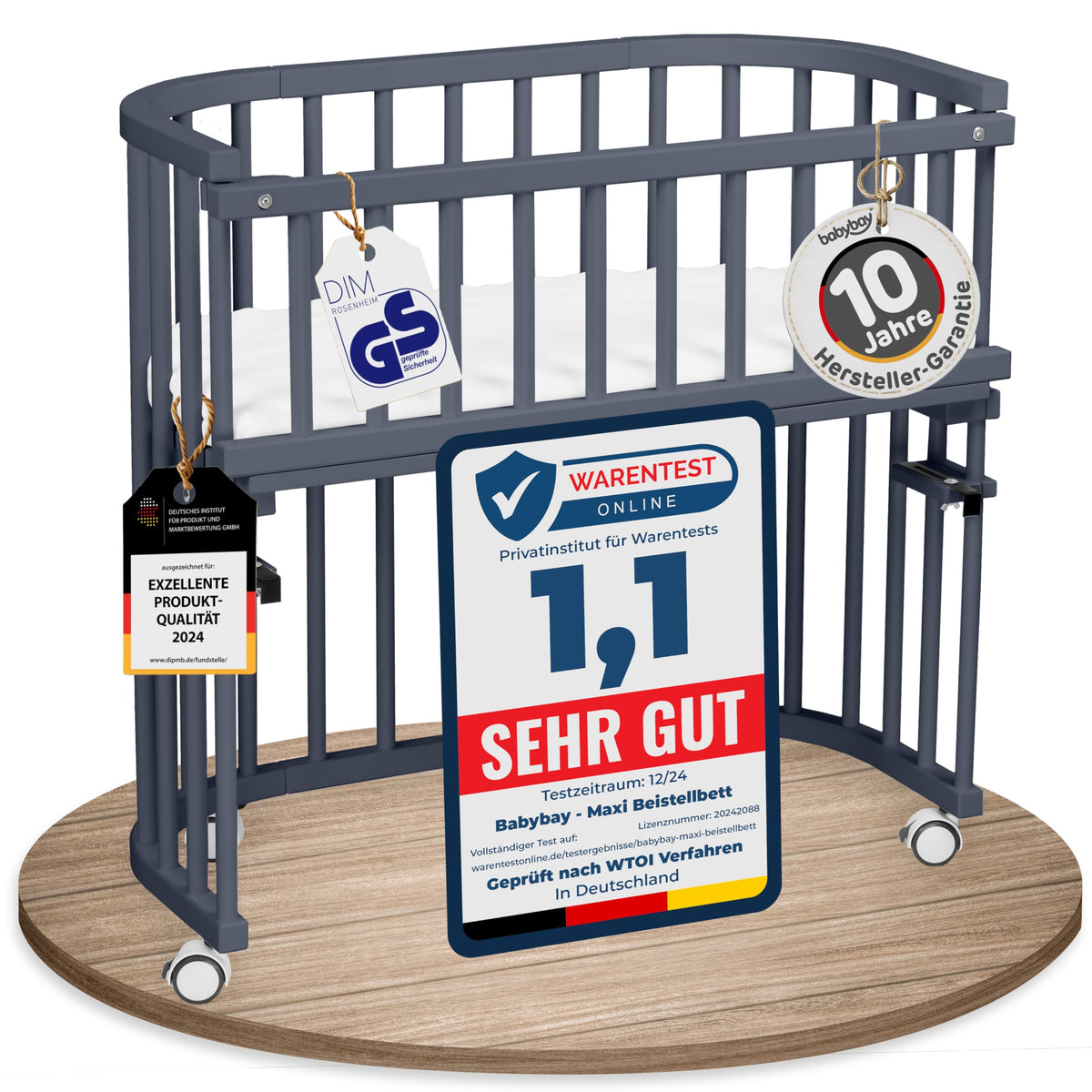 babybay Original Beistellbett aus massivem Buchenholz mit Matratze, höhenverstellbares Babybett für Neugeborene