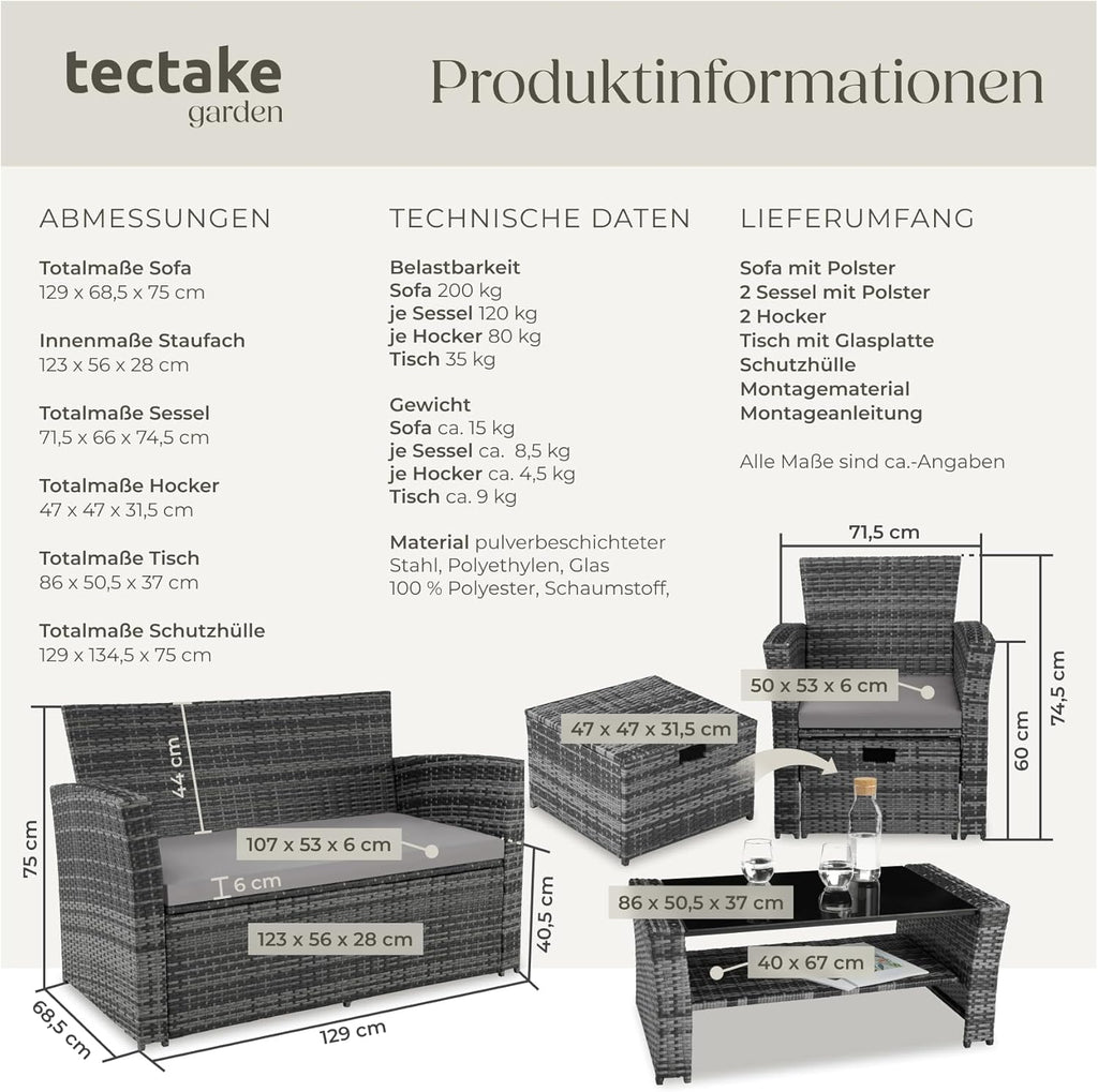 tectake Polyrattan Gartenmöbel Set 4 Personen mit Hocker & Auflagenbox – Garten Lounge Set mit Sofa, Tisch & Kissen für Balkon und Terrasse