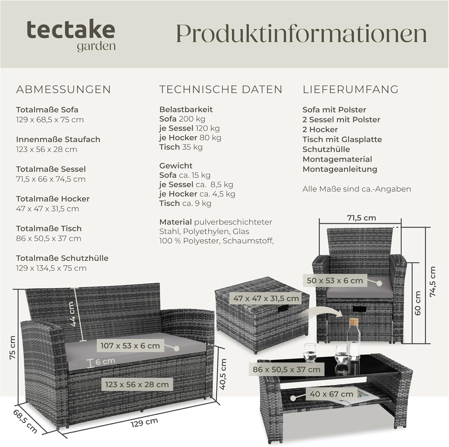 tectake Polyrattan Gartenmöbel Set 4 Personen mit Hocker & Auflagenbox – Garten Lounge Set mit Sofa, Tisch & Kissen für Balkon und Terrasse