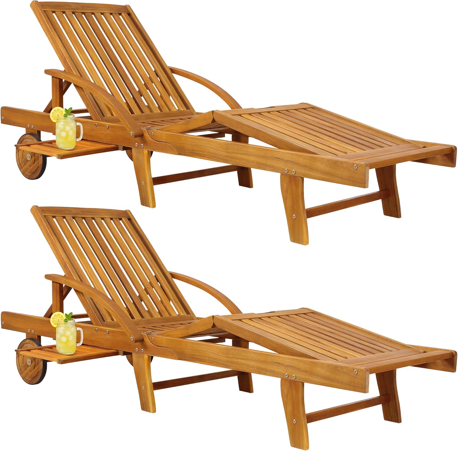 Casaria Sonnenliege 2er Set aus Akazienholz, Braun, klappbare Gartenliege mit Rädern & Ausziehtisch, 195 x 59 cm