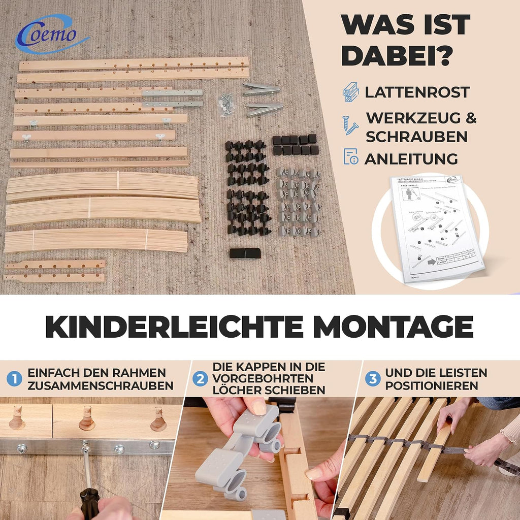 Coemo 7-Zonen Lattenrost 140x200 cm – Verstellbares Kopfteil, 28 Federleisten, 5-fach Härtegrad & Buche-Birken Rahmen bis 140 kg
