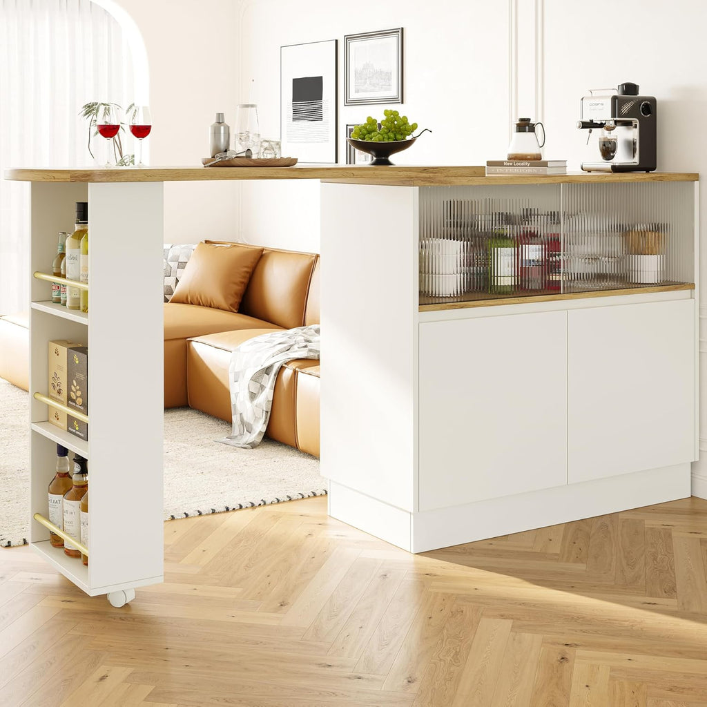 Merax Ausziehbarer Bartisch mit Stauraum, 360° drehbarer Beweglicher Bartisch Küchentheke Kücheninsel Kaffeeecke, mit Offene Ablagefächer