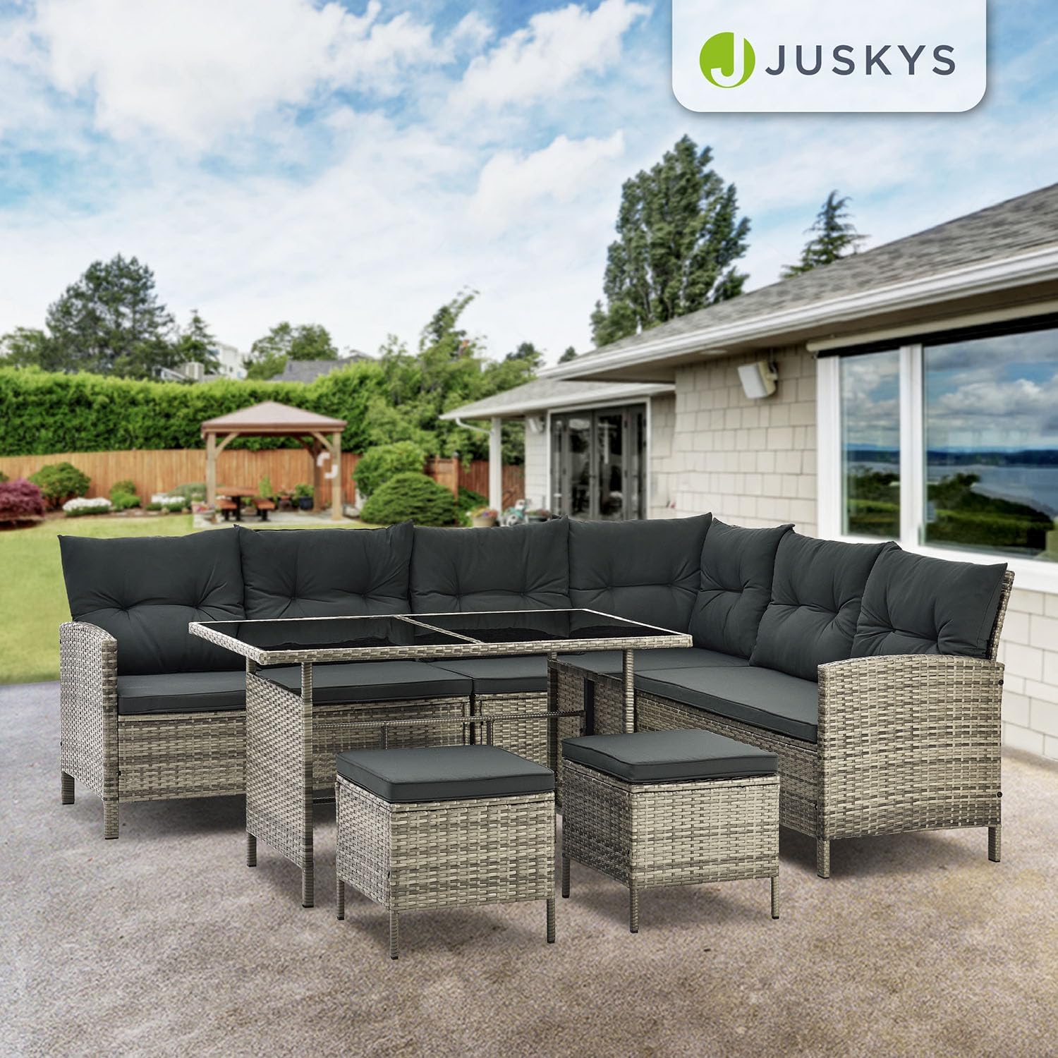 Juskys Gartenlounge Polyrattan Grau, Ecksofa mit Tisch & 2 Hockern, Gartenmöbel Set für 7 Personen, wetterfest
