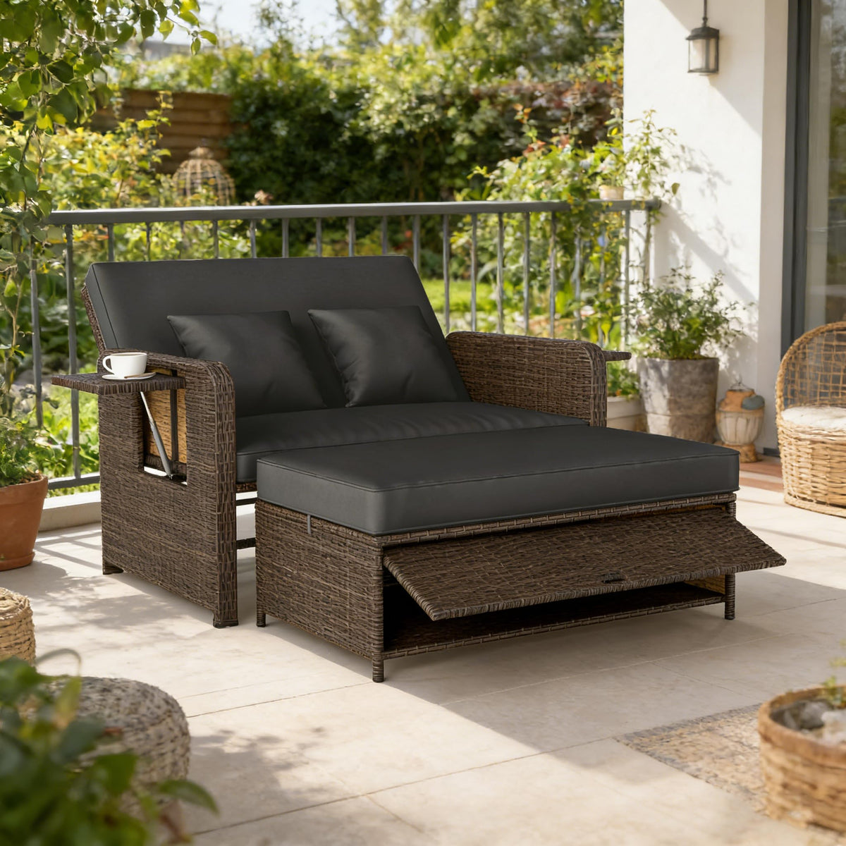 GIANTEX Rattan Lounge Gartenmöbel Set 2-Sitzer mit Doppelliege & Hocker, Outdoor Sofa mit Stauraum, verstellbar für Balkon & Terrasse