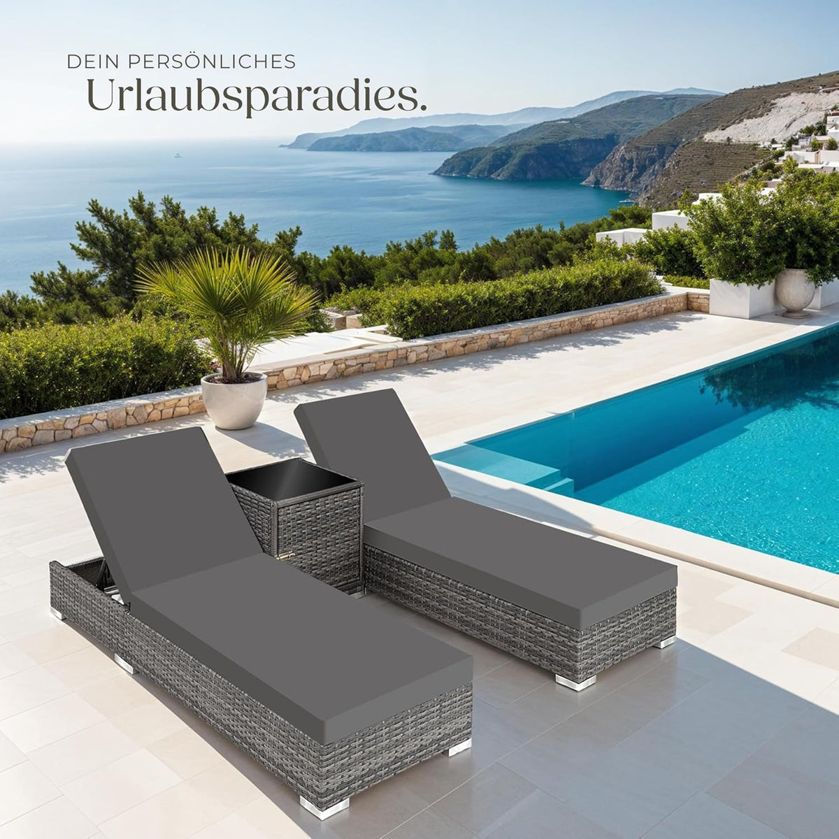 tectake 2er Gartenliegen Set mit Tisch – Polyrattan Sonnenliegen aus Aluminium, 5-fach verstellbar, mit Schutzhüllen