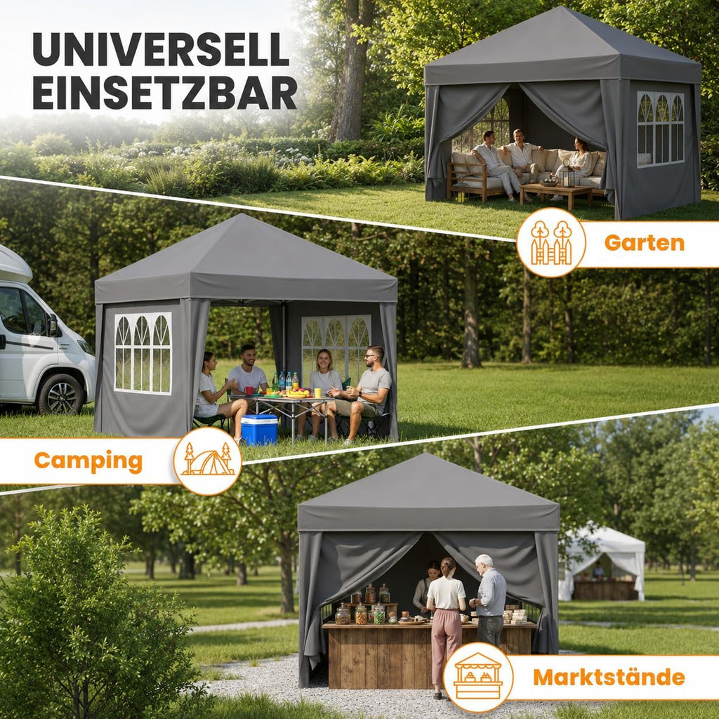 NATURIZ® Pavillon 3x3 Wasserdicht Stabil und UV 50+ Schutz - Faltpavillon mit Seitenwänden - Pop Up Zelt für Garten, Camping, Marktstand & Partyzelt