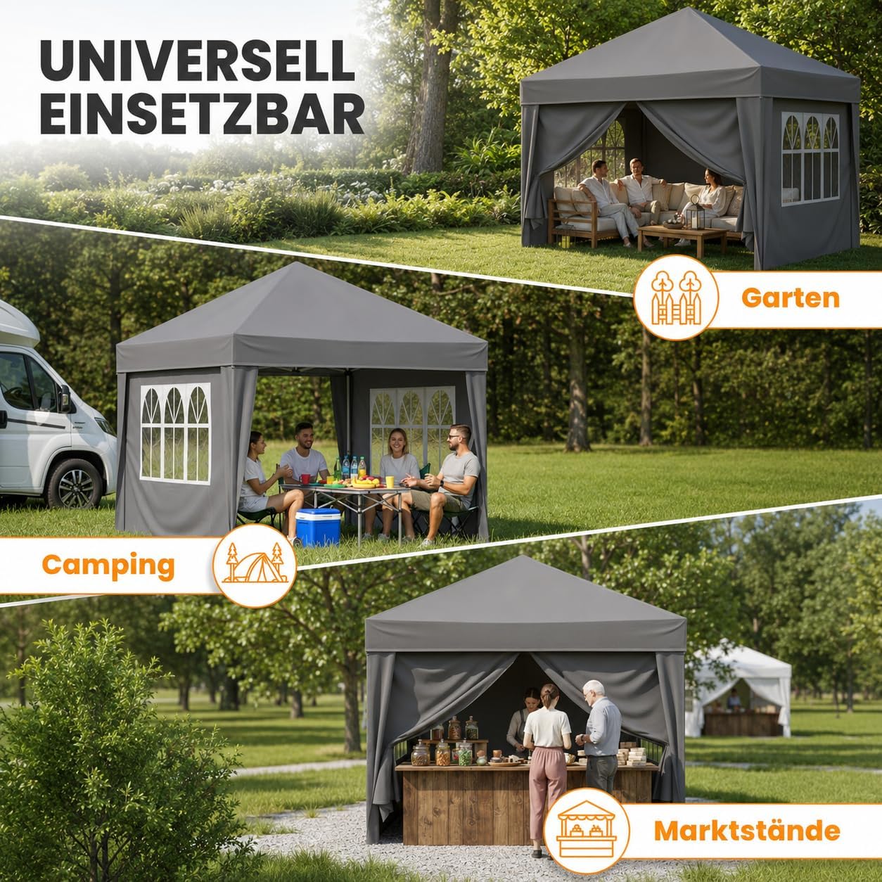 NATURIZ® Pavillon 3x3 Wasserdicht Stabil und UV 50+ Schutz - Faltpavillon mit Seitenwänden - Pop Up Zelt für Garten, Camping, Marktstand & Partyzelt