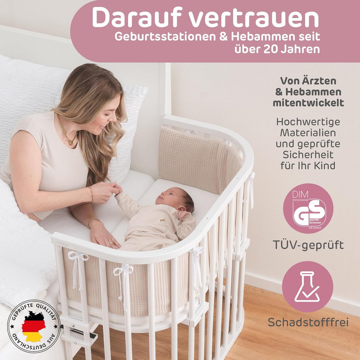 babybay Original Beistellbett aus massivem Buchenholz mit Matratze, höhenverstellbares Babybett für Neugeborene