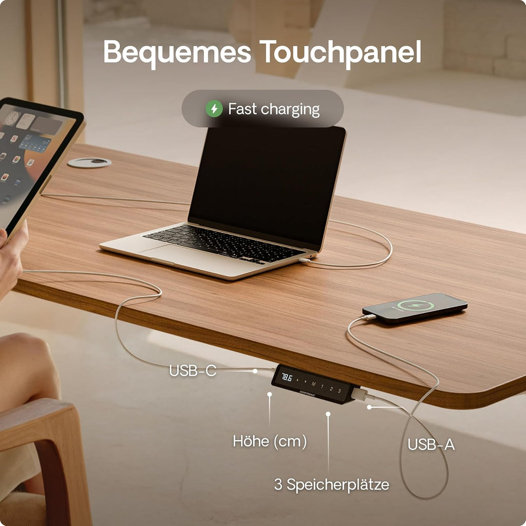 Desktronic HomePro Schreibtisch elektrisch höhenverstellbar, Steh-Sitz Schreibtisch mit Dual Motor, Touchscreen & USB-A/USB-C