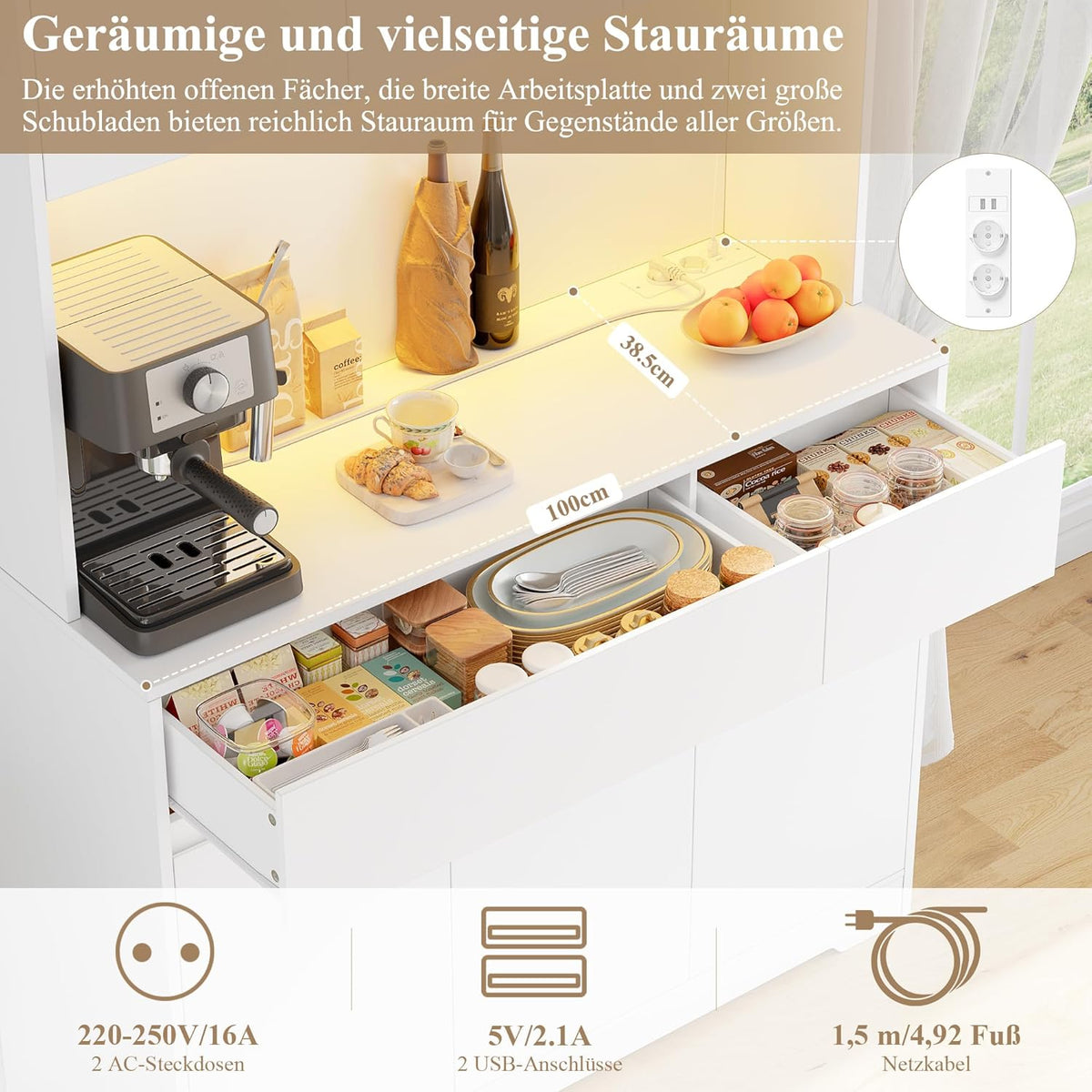 FirFurd Küchenschrank Buffetschrank Weiß 180x100x38,5 cm – Sideboard mit LED, Steckdose, Arbeitsplatte, Türen & Schubladen