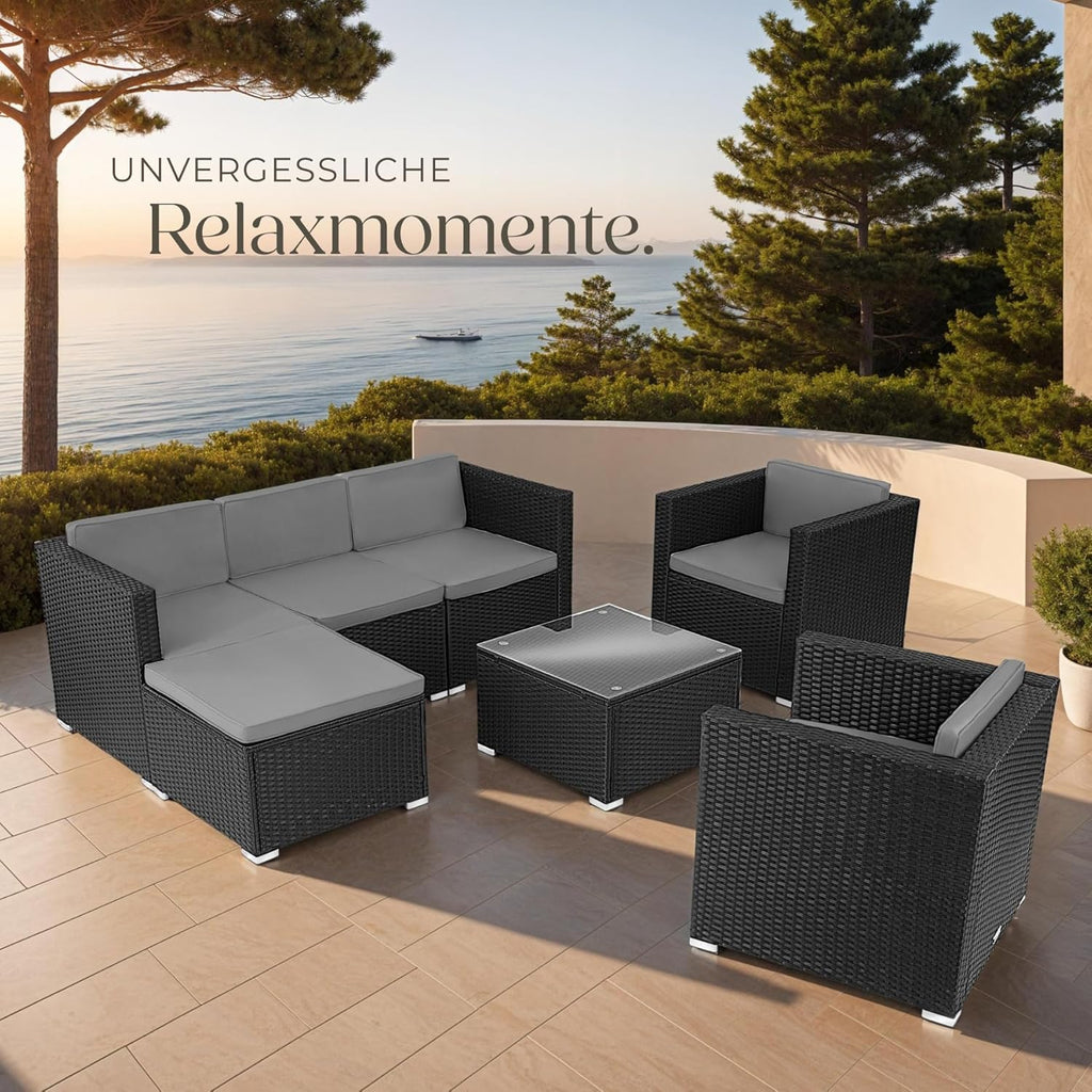 tectake Gartenmöbel Set Poly Rattan mit Sofa, Sesseln, Hocker & Tisch, modulare Gartenlounge wetterfest für Garten, Terrasse & Balkon