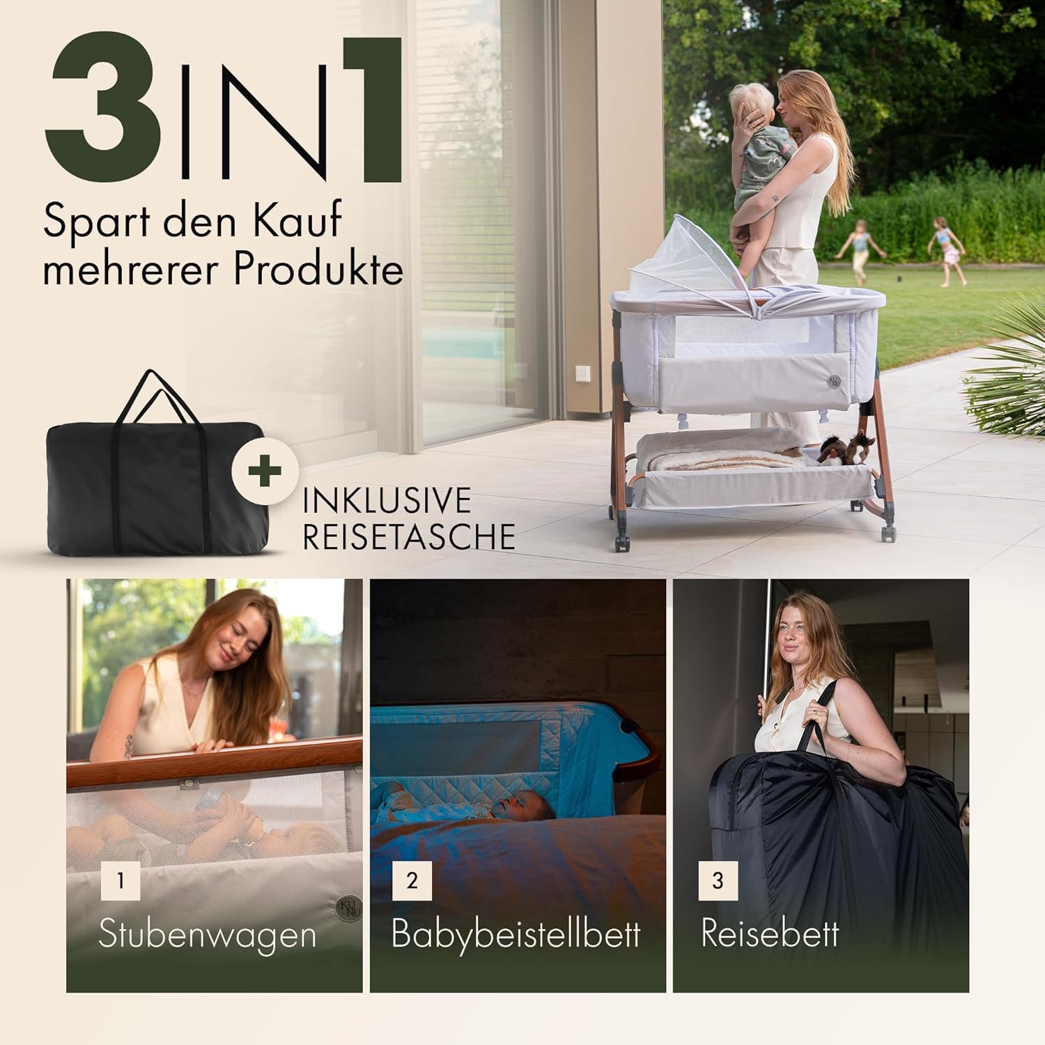 KUNU Baby Beistellbett 3in1 Beige – Höhenverstellbares Babybett mit Rollen, Matratze, Wiegefunktion & Moskitonetz