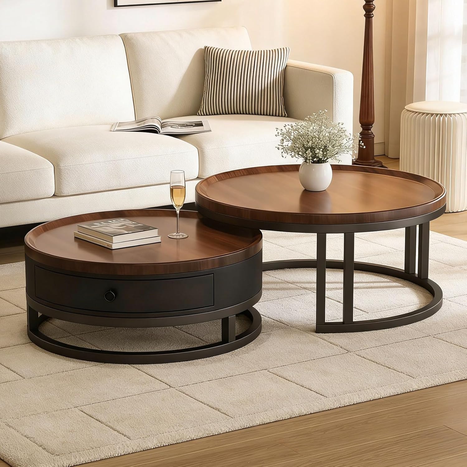 Couchtisch 2er Set rund mit Schublade, Satztische in Walnussoptik, Wohnzimmertisch mit Metallrahmen und Stauraum