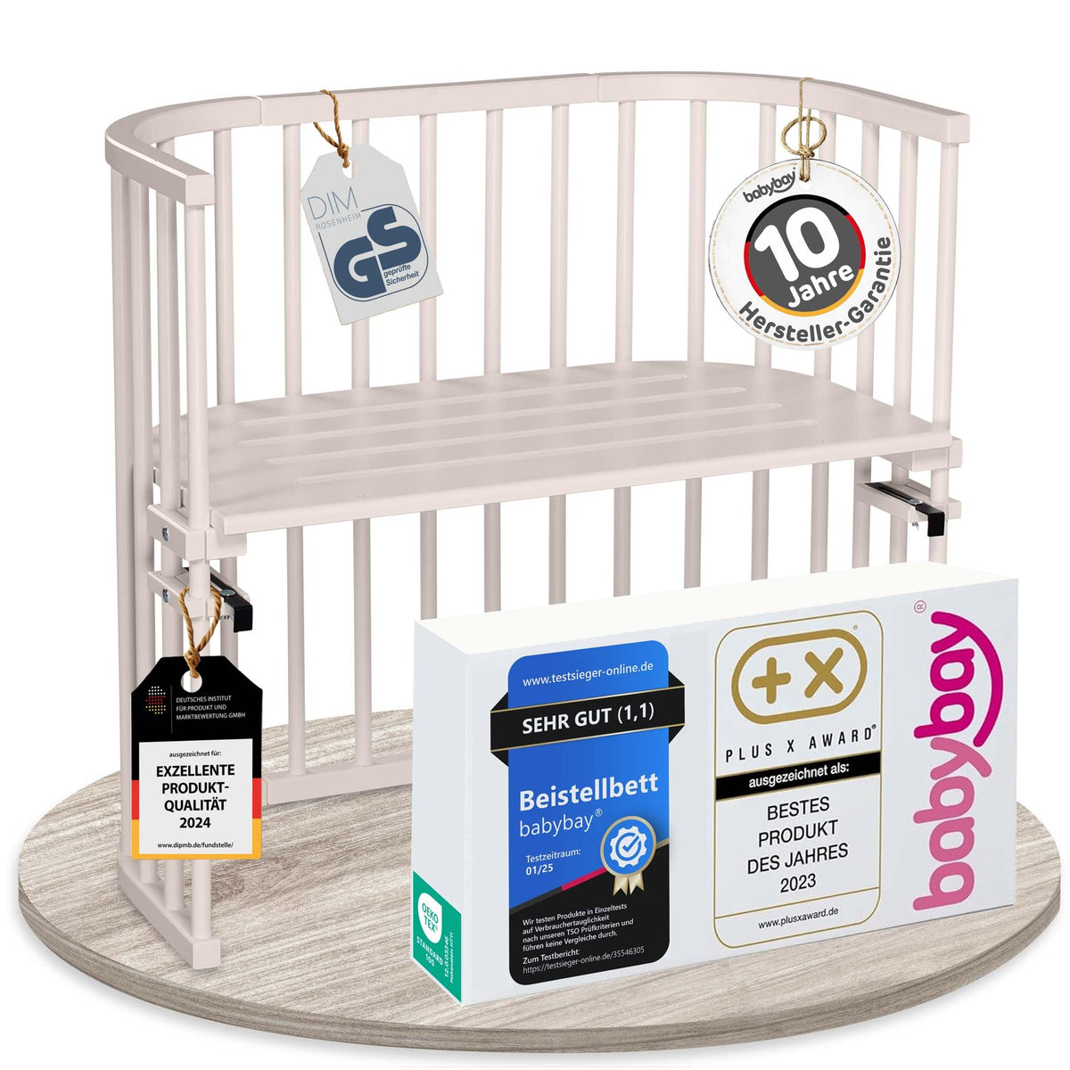 babybay Original Beistellbett aus massivem Buchenholz mit Matratze, höhenverstellbares Babybett für Neugeborene