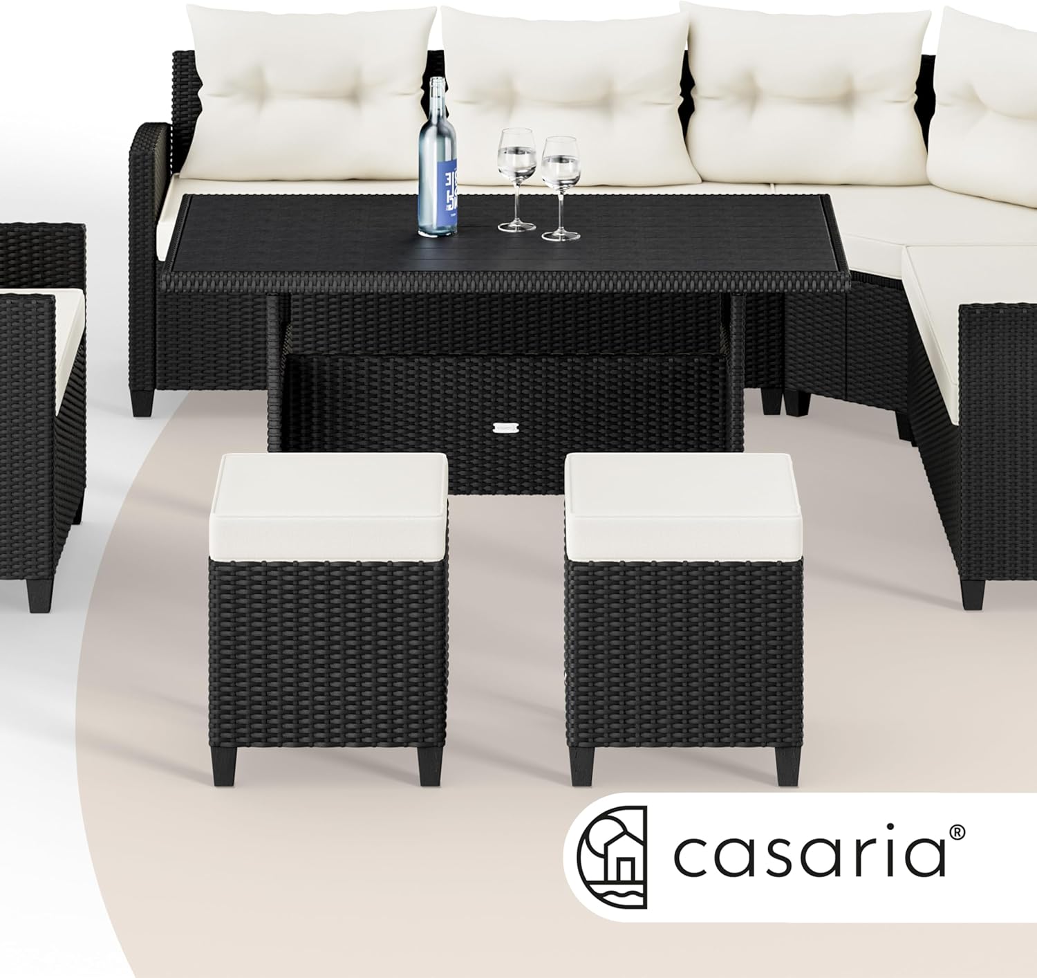 Casaria Polyrattan Ecklounge Set Schwarz für 9 Personen – Gartenmöbel Set mit WPC Tisch, Sessel & 2 Hockern