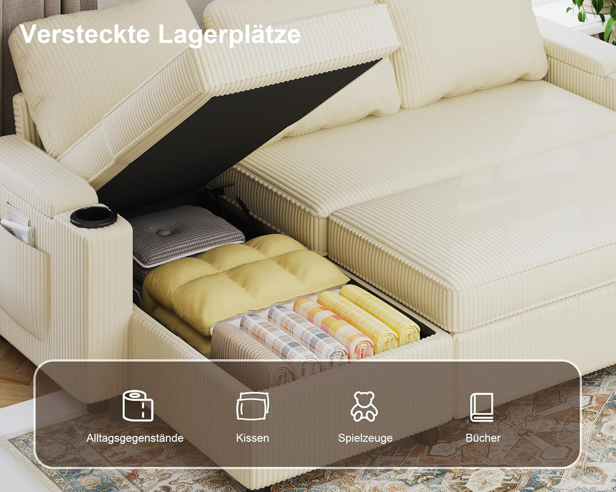 Devoko Ecksofa L-Form mit Schlaffunktion & Bettkasten, 3-Sitzer Schlafsofa aus Velours für Wohnzimmer & Gästezimmer